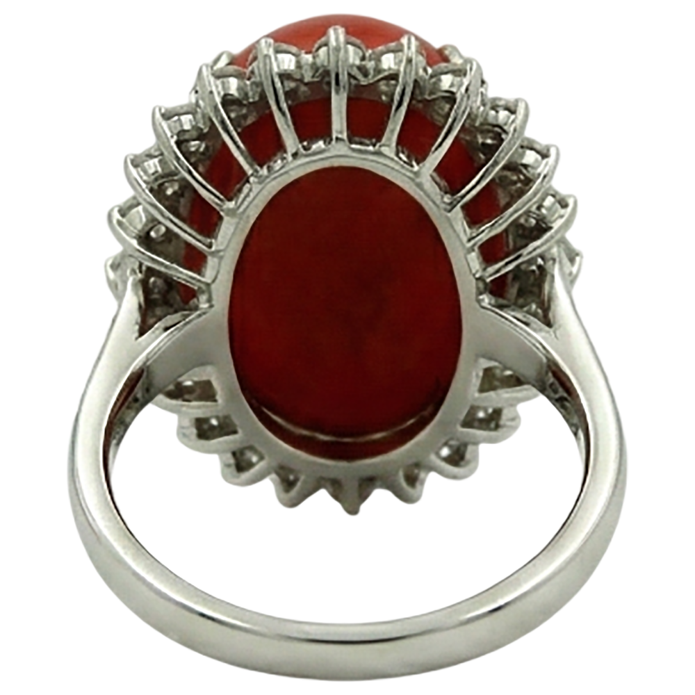 Big Oval Red Coral With Small Round Natural Earth Mined Diamond ( Not Lab Grown )s 13 Ct Ring White Gold 14K
