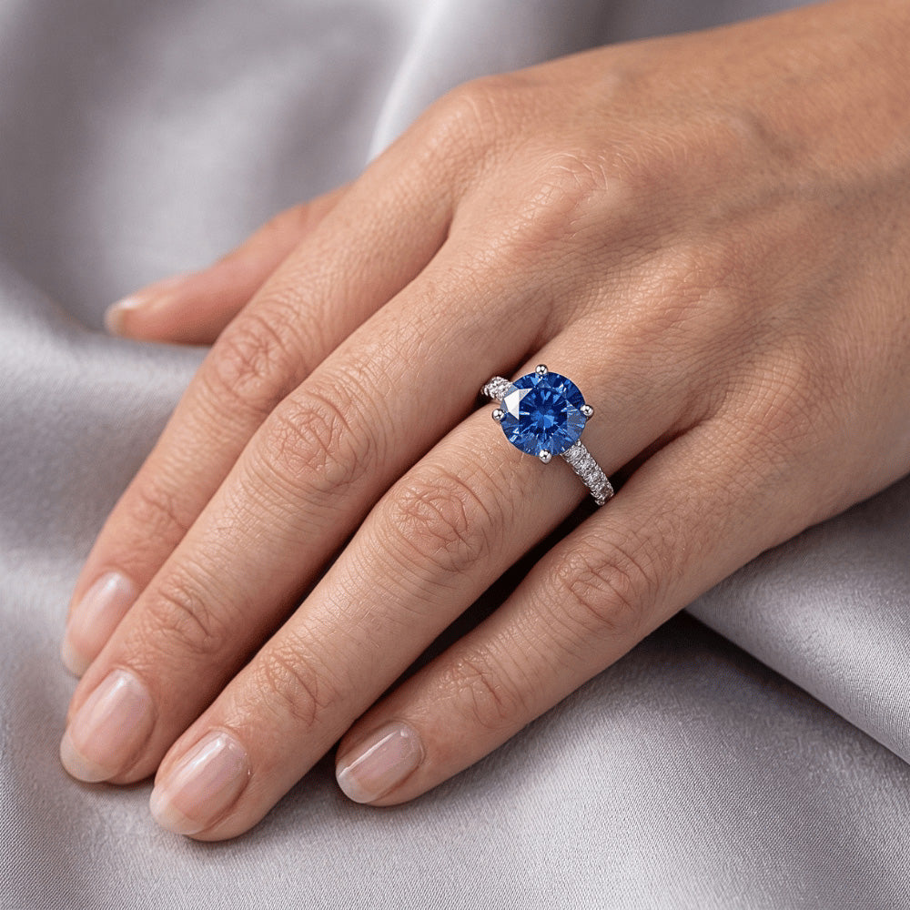 Big Round Ceylon Sapphire With Natural Earth Mined Diamond ( Not Lab Grown )s Anniversary Ring 3.30 Carats