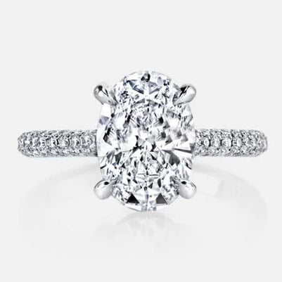 Big Oval Cut & Small Real Diamond 4 Carats Solitaire Ring White Gold 14K