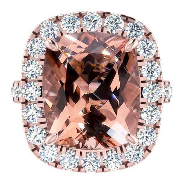 Big Cushion Morganite 12.50 Cts With Diamonds Ring Rose Gold 14K