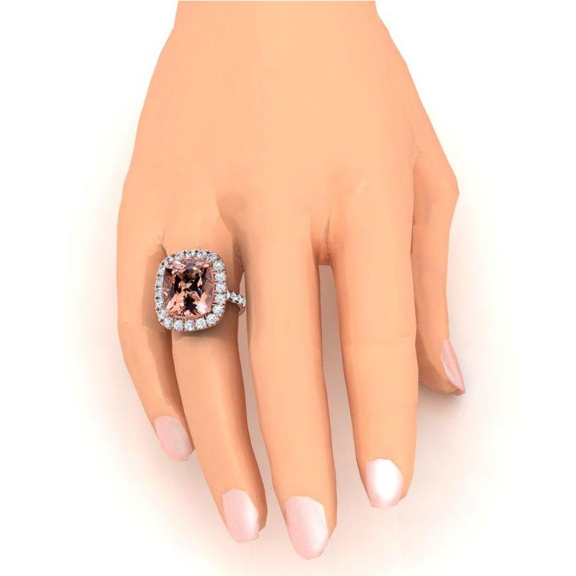 Big Cushion Morganite 12.50 Cts With Diamonds Ring Rose Gold 14K