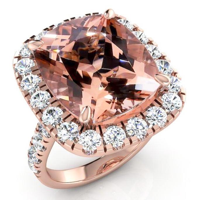 Big Cushion Morganite 12.50 Cts With Diamonds Ring Rose Gold 14K