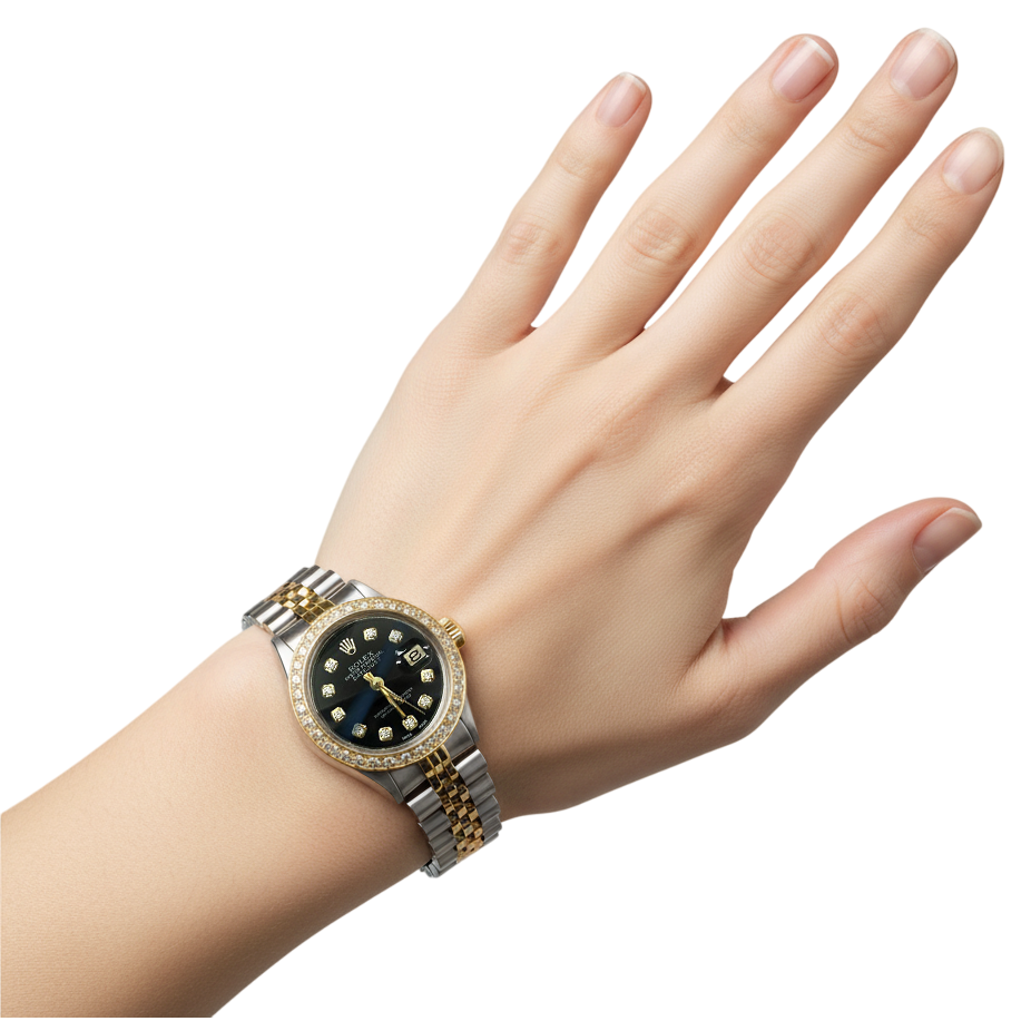 Black Diamond Dial Ss & Gold Bracelet Datejust Ladies Rolex Watch