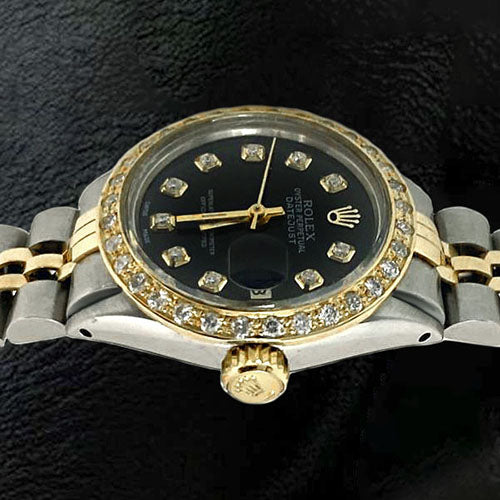 Black Diamond Dial Ss & Gold Bracelet Datejust Ladies Rolex Watch