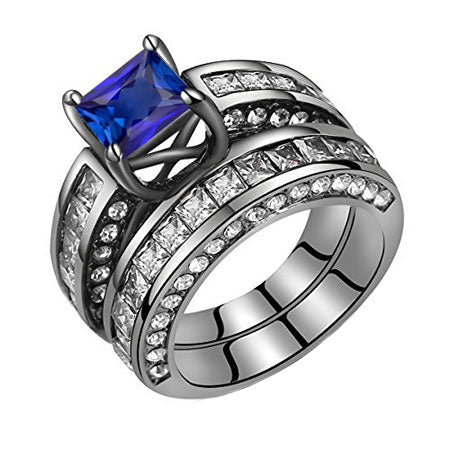 Black Gold Princess Diamond Blue Sapphire Engagement Ring Set