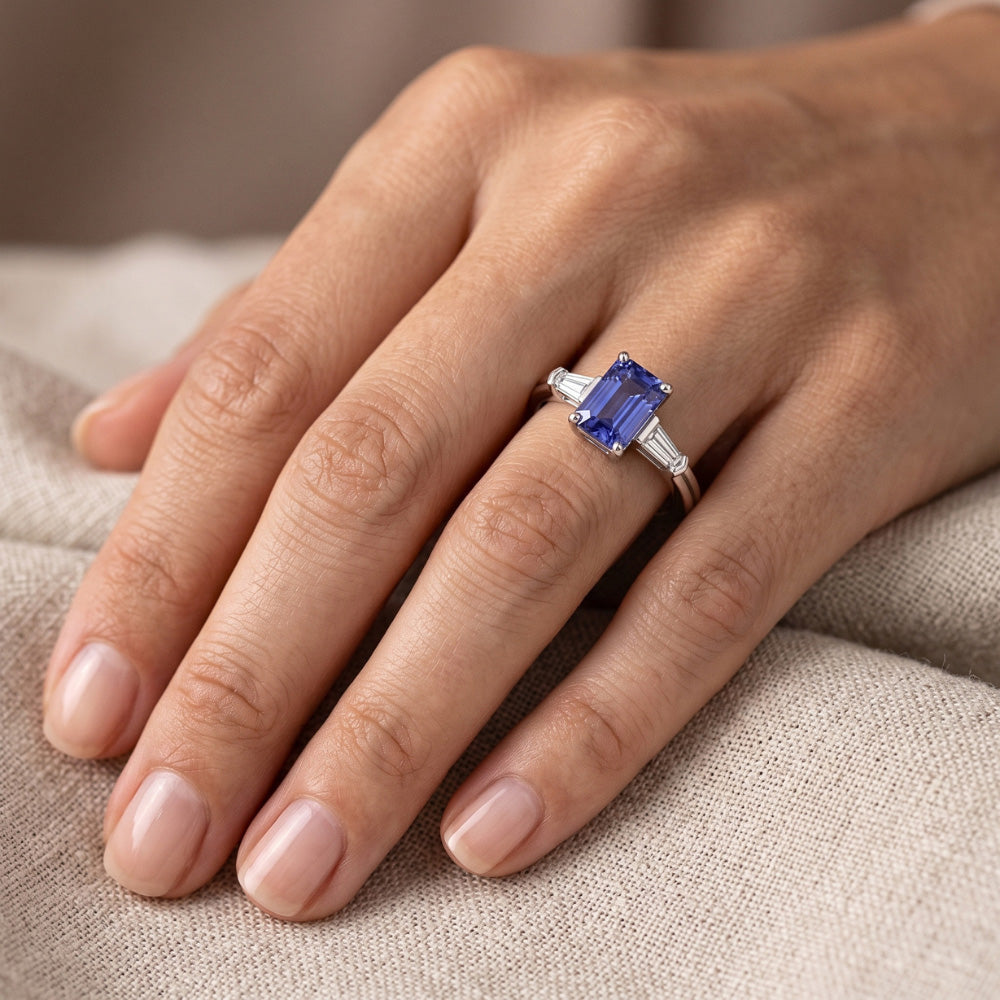 Blue Sapphire 3 Stone Emerald Ring With Baguette Natural Earth Mined Diamond ( Not Lab Grown )s 2.25 Carats
