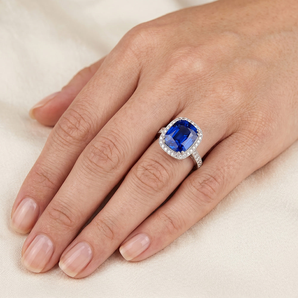 Blue Sapphire Cushion And Round Cut 4.55 Carat Natural Earth Mined Diamond ( Not Lab Grown ) s Ring WG 14K