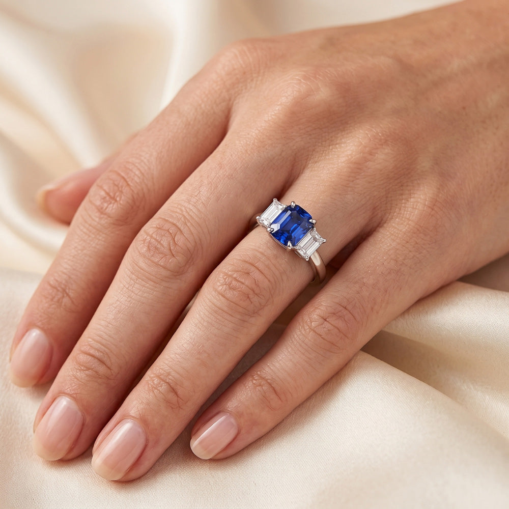 Blue Sapphire Engagement Ring 3 Stone 2 Carats Emerald Cut Natural Earth Mined Diamond ( Not Lab Grown )s