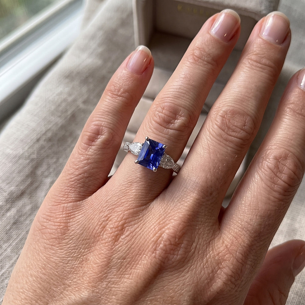 Blue Sapphire Gemstone Radiant Cut Ring Pear & Round Natural Earth Mined Diamond ( Not Lab Grown )s 3 Carats