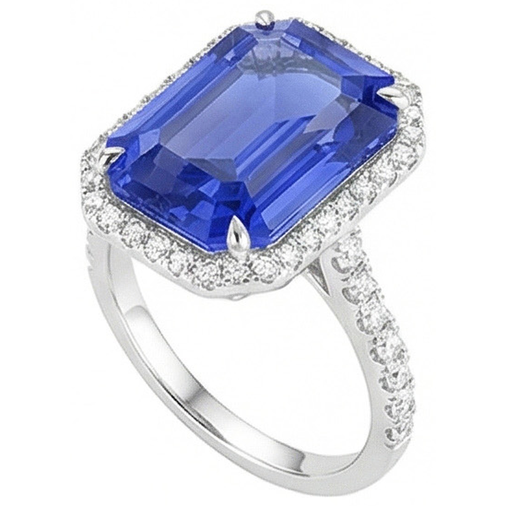 Blue Sapphire Halo Emerald Cut Ring 5.50 Carats Natural Earth Mined Diamond ( Not Lab Grown )s Jewelry