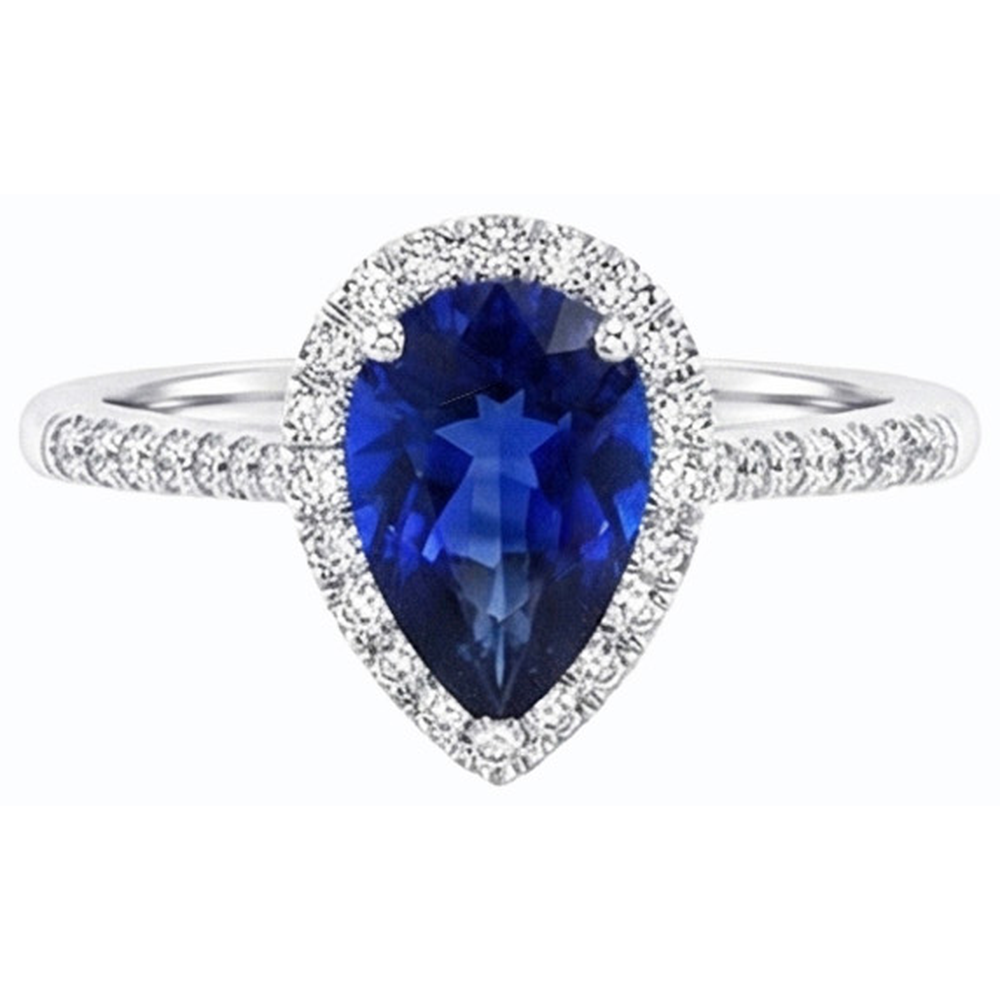 Blue Sapphire Halo Pear Shaped Ring & Natural Earth Mined Diamond ( Not Lab Grown )s 3.50 Carats