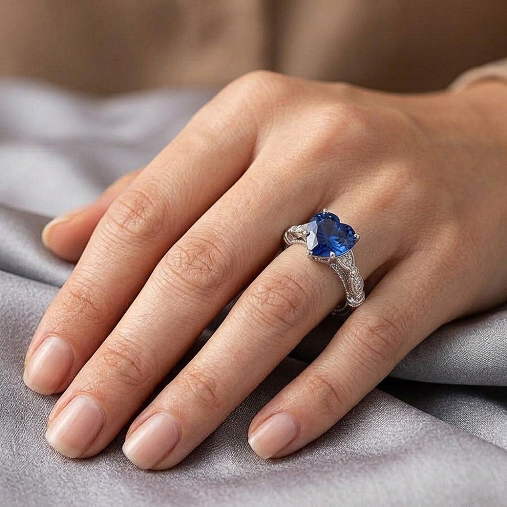 Blue Sapphire Heart Gemstone Ring 2.50 Carats Antique Style Jewelry