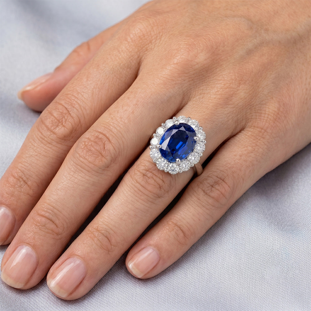 Blue Sapphire Natural Earth Mined Diamond ( Not Lab Grown ) Engagement Ring Oval Ceylon Gemstone 9.25 Carats