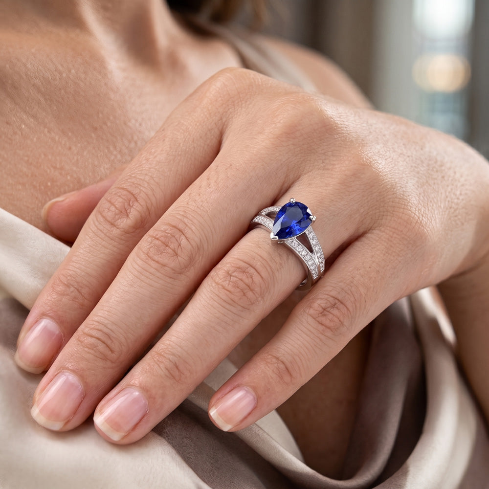 Blue Sapphire Natural Earth Mined Diamond ( Not Lab Grown ) Ring Split Shank 3 Carats White Gold 14K
