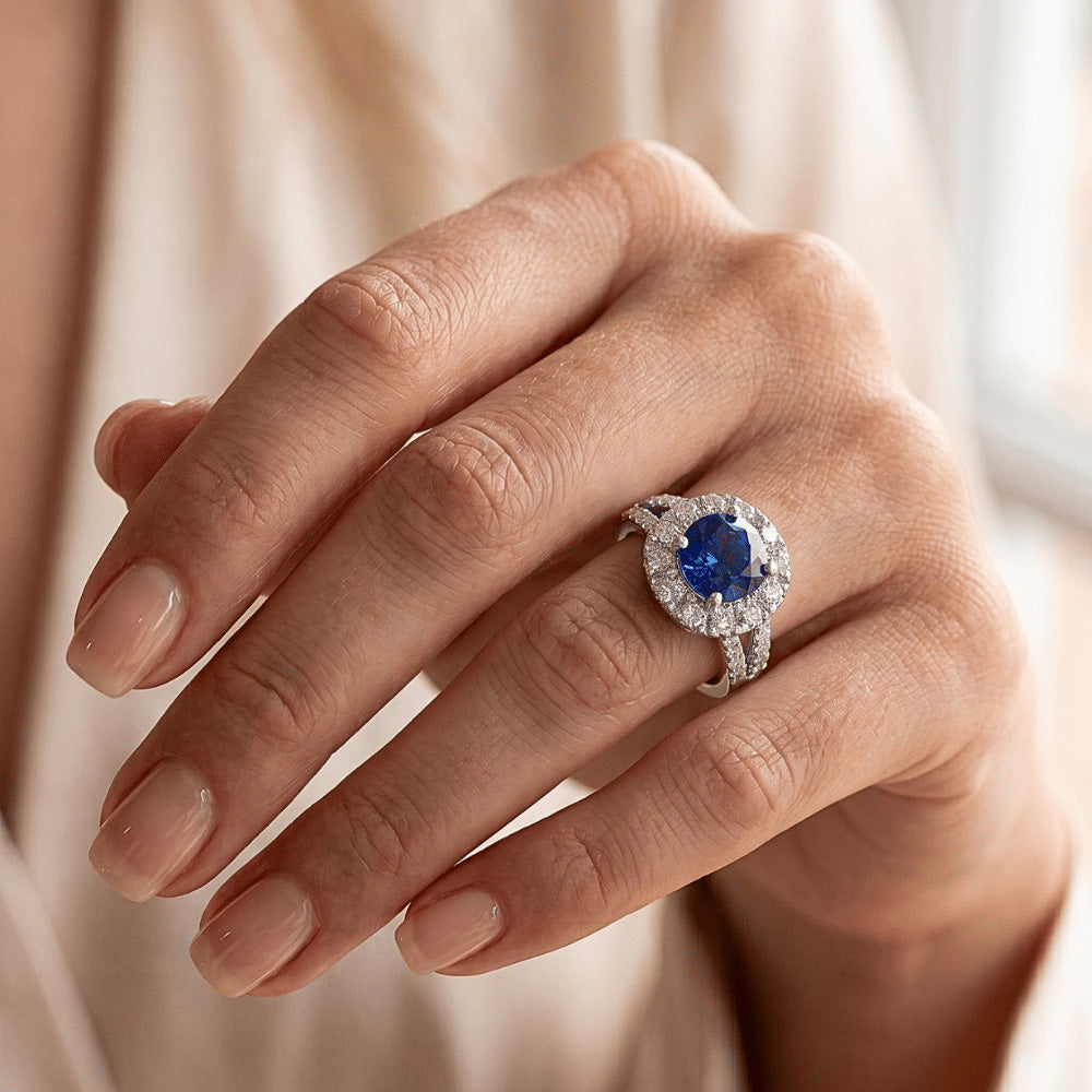 Blue Sapphire Natural Earth Mined Diamond ( Not Lab Grown )s Round 3.50 Carats Jewelry Halo Gemstone Ring