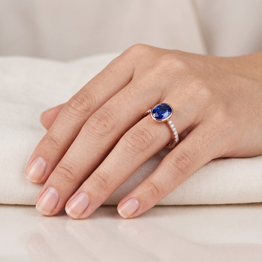 Blue Sapphire Solitaire Ring Bezel Set With Natural Earth Mined Diamond ( Not Lab Grown )s Gold 3.50 Carats