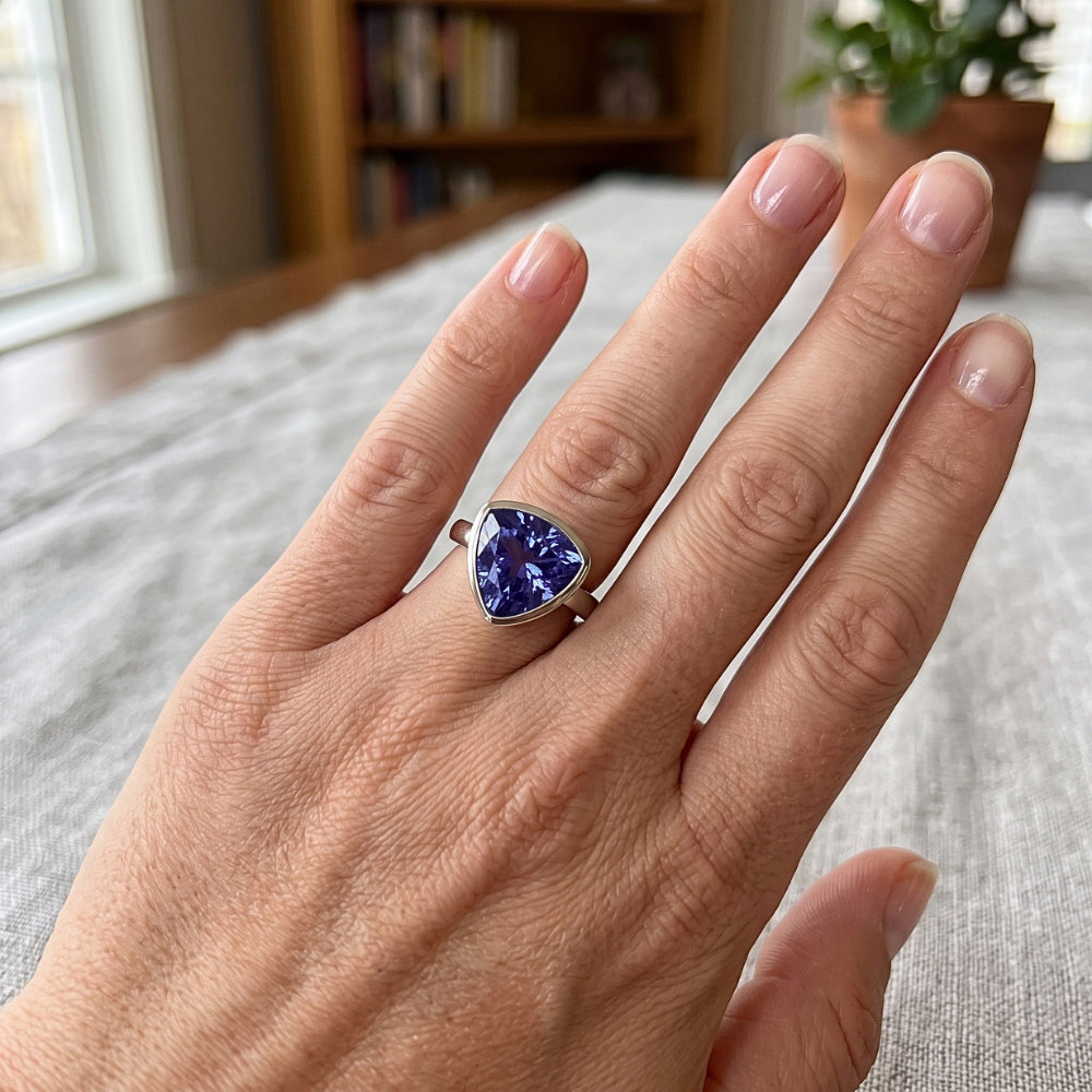 Blue Sapphire Solitaire Trillion Shaped Ring Bezel Set 2 Carats