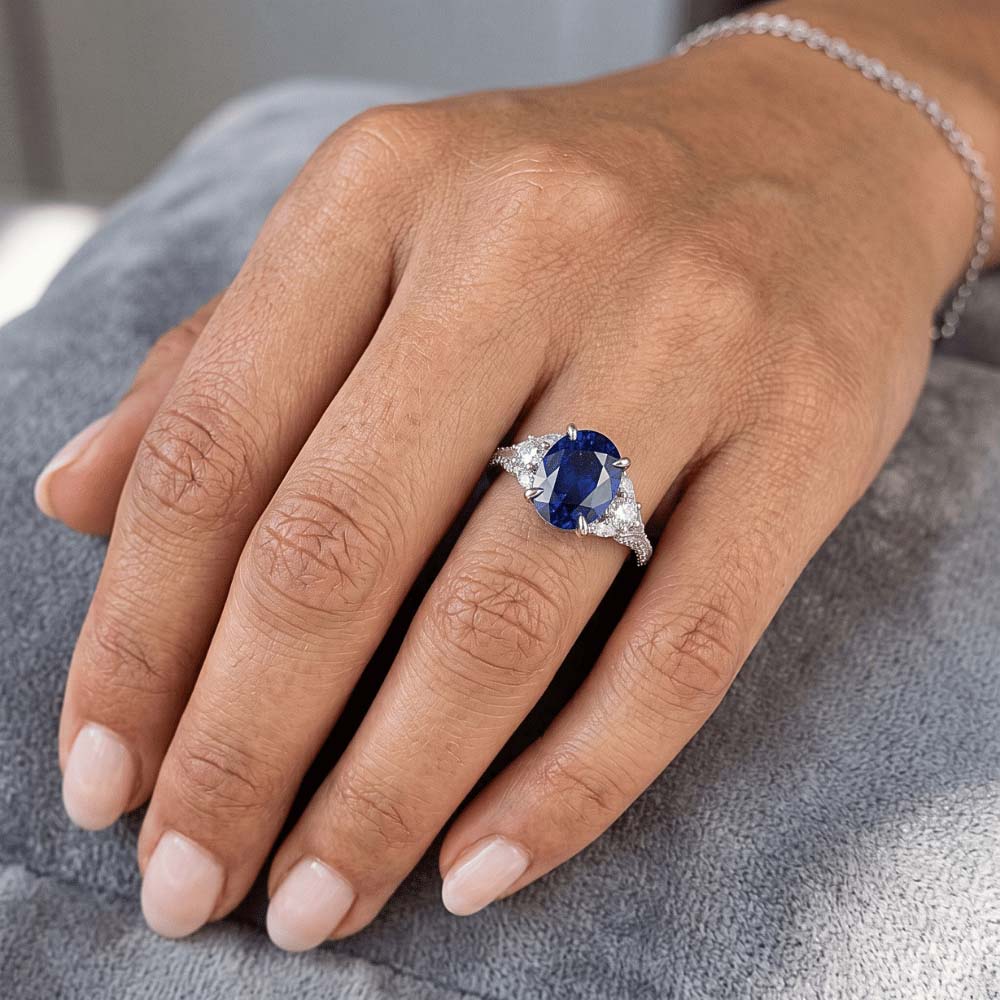 Blue Sapphire Solitaire With Accents Ring 5 Carats White Gold Jewelry