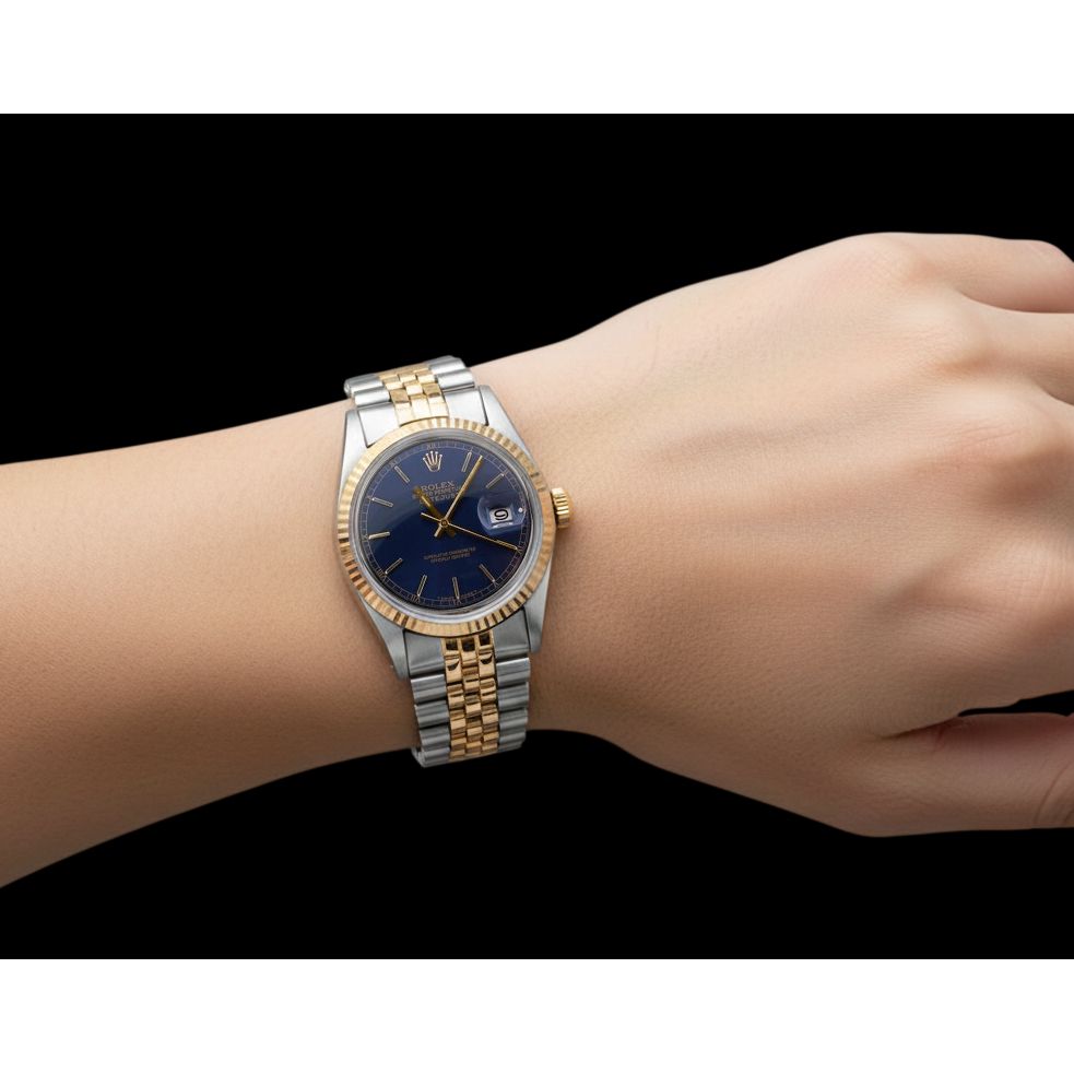 Blue Stick Dial Fluted Bezel Rolex Datejust Gent Watch Two Tone QUICK SET