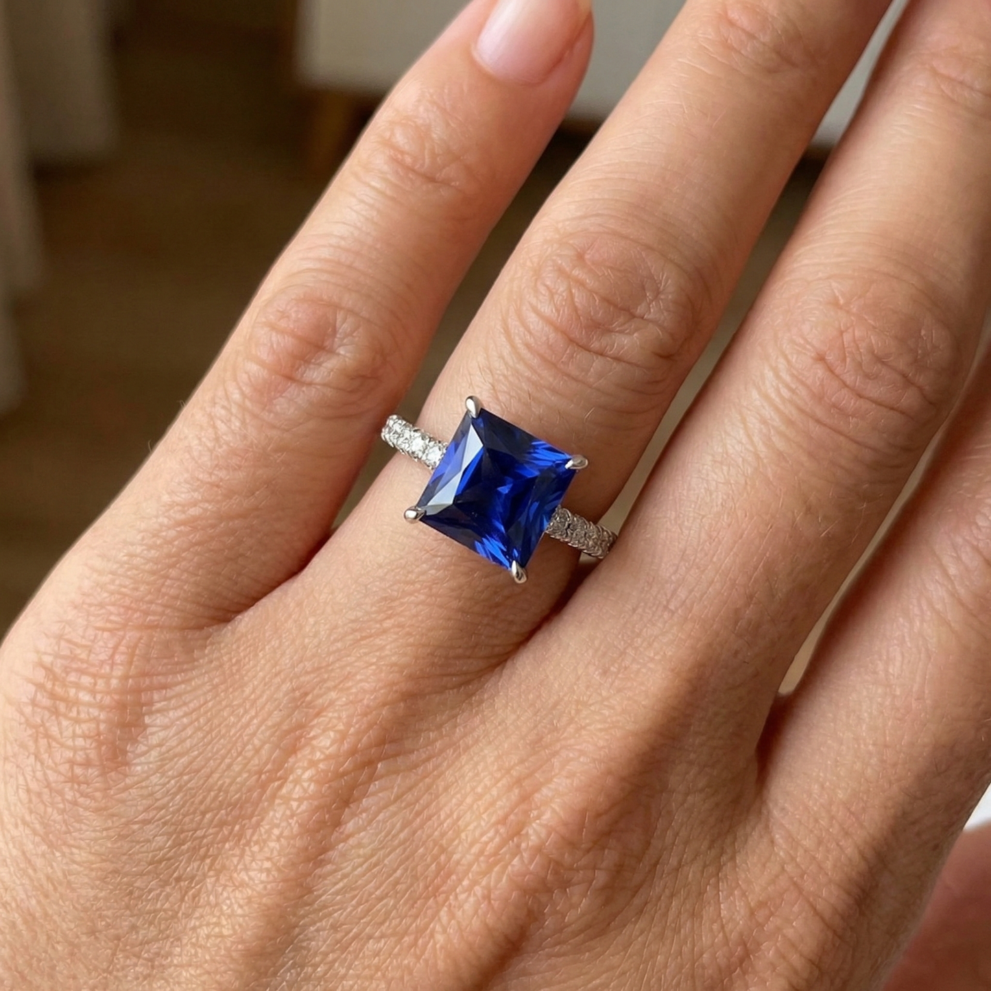 Blue Sapphire & Natural Earth Mined Diamond ( Not Lab Grown ) Solitaire Accents Ring 5.50 Carat Princess Cut
