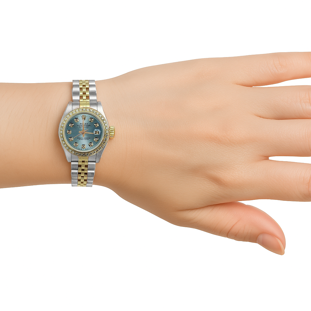 Blue Diamond Dial Bezel Rolex Ladies Watch Date Just Ss & Gold P5