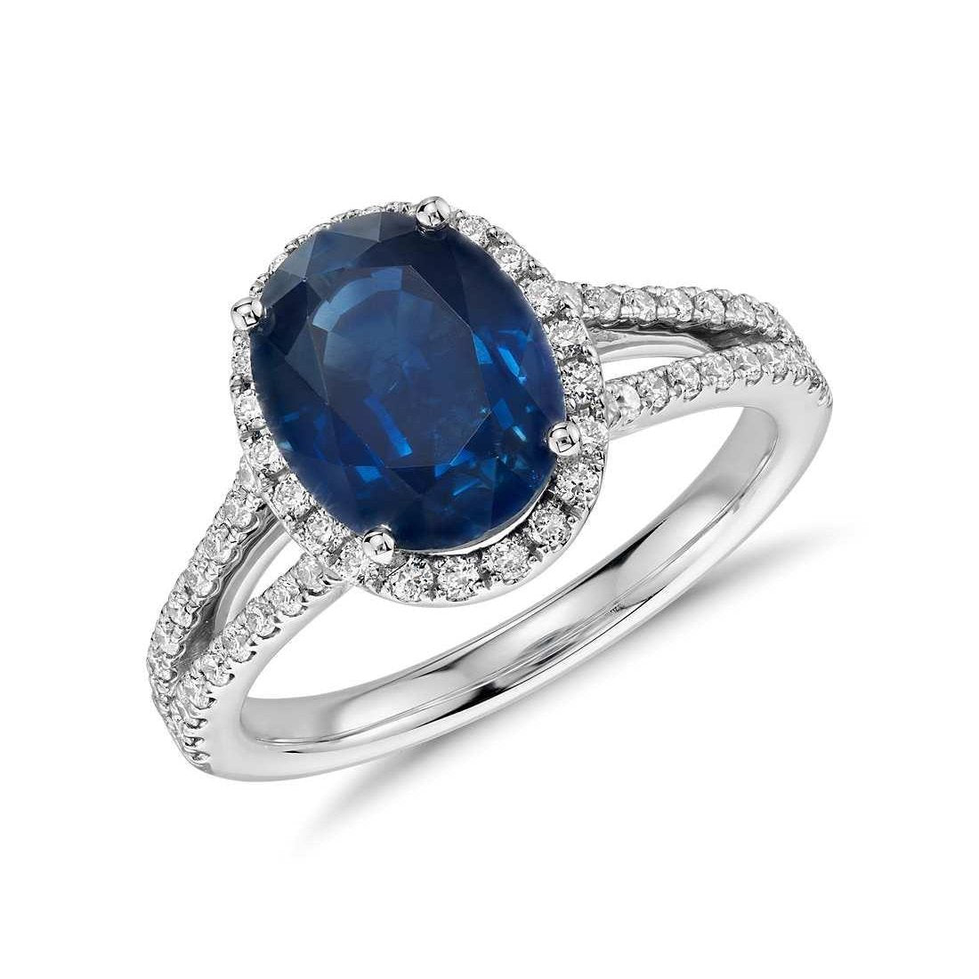Blue Oval Sapphire And Diamond Ring White Gold 14K