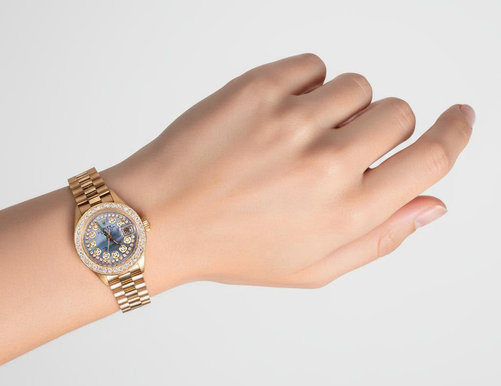 Bluish Gray Mop String Diamond Dial Ladies Yellow Gold Rolex Watch P2