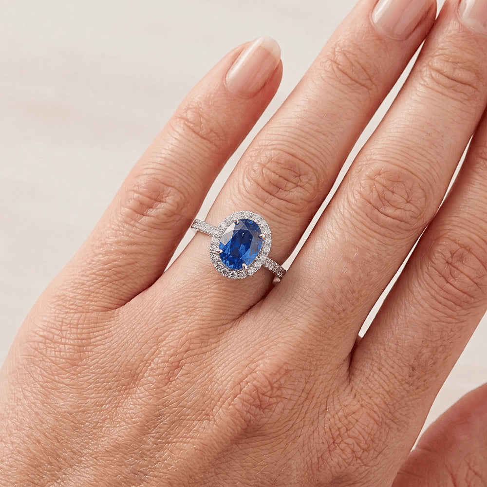 Ceylon Blue Sapphire Halo Natural Earth Mined Diamond ( Not Lab Grown ) Ring 14K White Gold Oval 2.15 Ct.