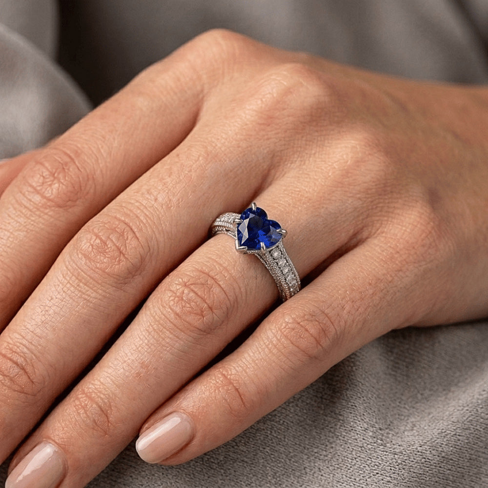 Ceylon Sapphire Solitaire Ring & Pave Set Natural Earth Mined Diamond ( Not Lab Grown ) Accents 2.50 Carats