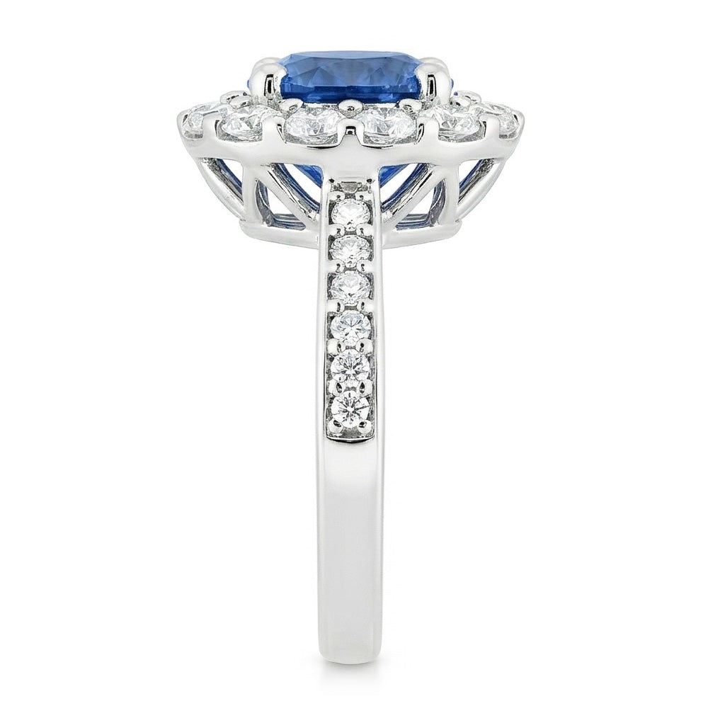 Ceylon Sapphire & Halo Natural Earth Mined Diamond ( Not Lab Grown ) Wedding Ring 3.50 Carats White Gold 14K