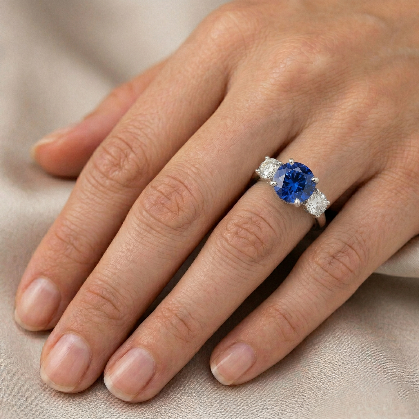 Ceylon Blue Sapphire Natural Earth Mined Diamond ( Not Lab Grown ) 3 Stone Ring White Gold 14K 3.5 Carats