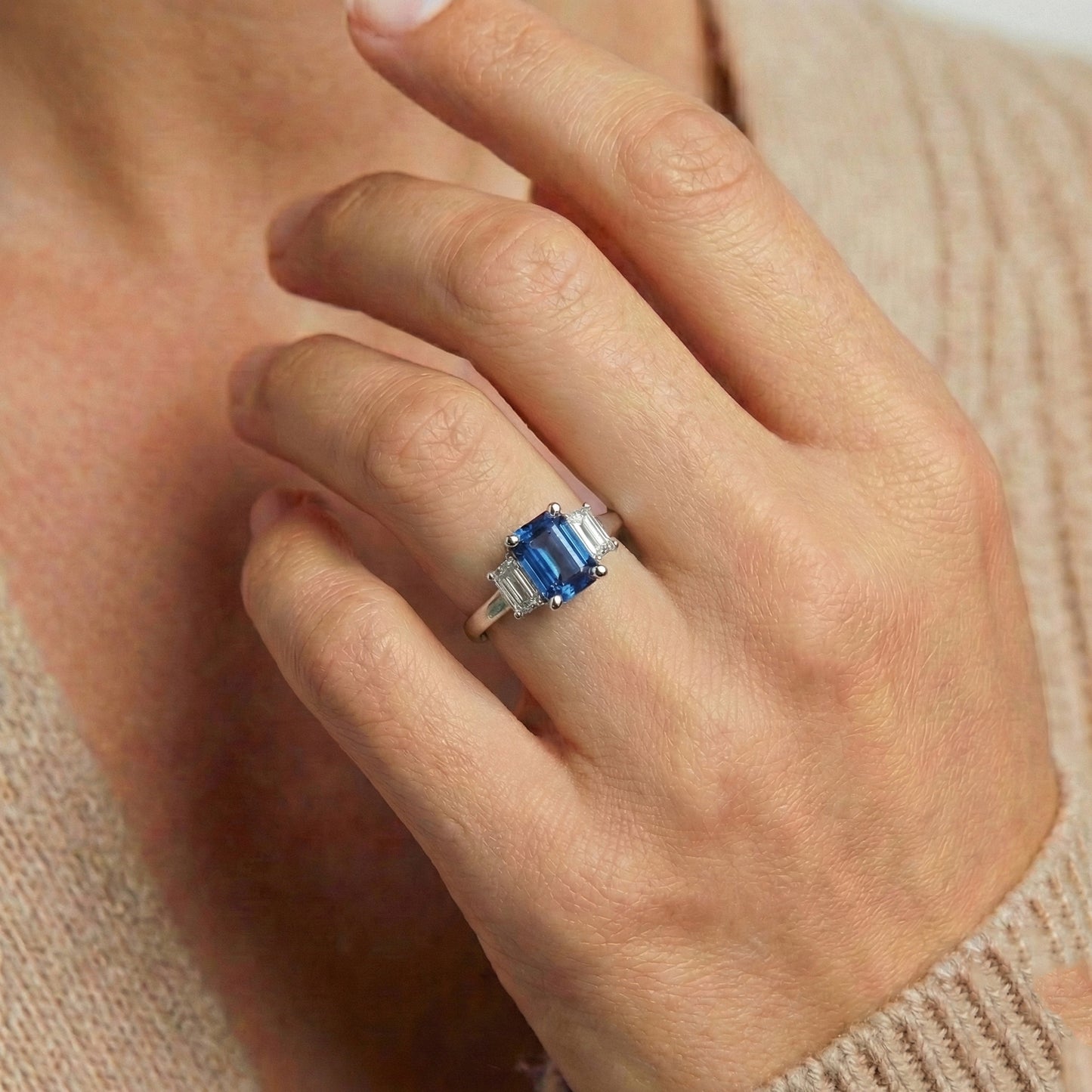 Ceylon Sapphire 3 Stone Ring Radiant & Emerald Natural Earth Mined Diamond ( Not Lab Grown )s 2.50 Carats