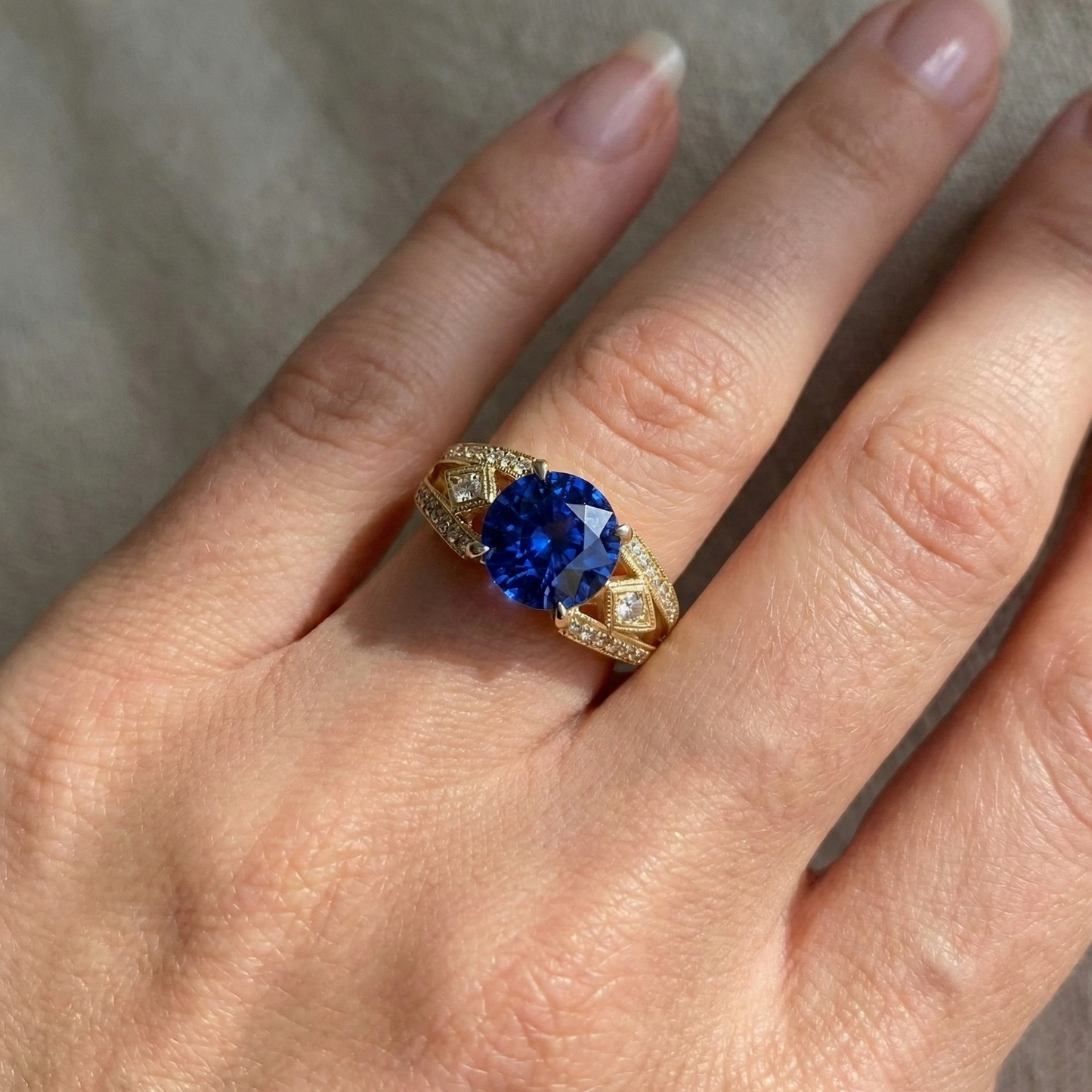 Ceylon Sapphire Round Natural Earth Mined Diamond ( Not Lab Grown ) s 3.75 Ct Ring Antique Style