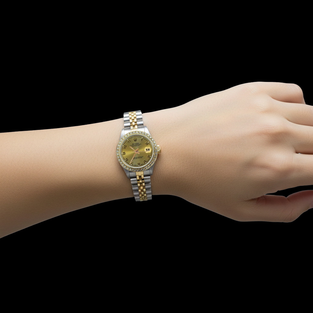 Champagne Arabic Ss & Gold Bracelet Rolex Date Just Watch P2