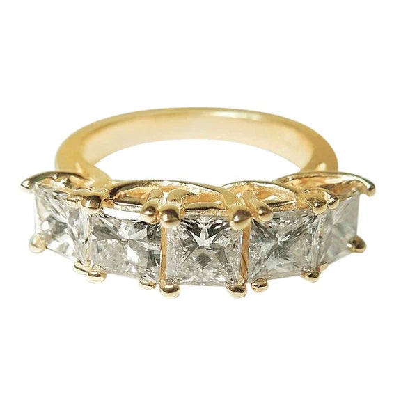 Comfort Fit 5 Stone Band 2 Ct Sparkling Princess Lab Grown Diamonds Yellow Gold 14K