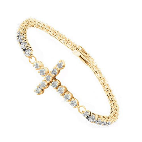 Cross Lab Grown Diamonds Tennis Bracelet 12 Carats Yellow Gold Round Cut Jewelry