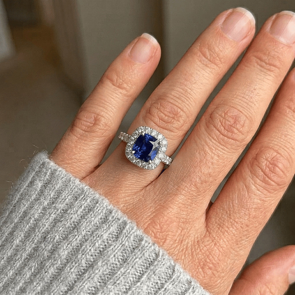 Cushion Ceylon Blue Sapphire With Natural Earth Mined Diamond ( Not Lab Grown )s 2.50 Ct. Ring