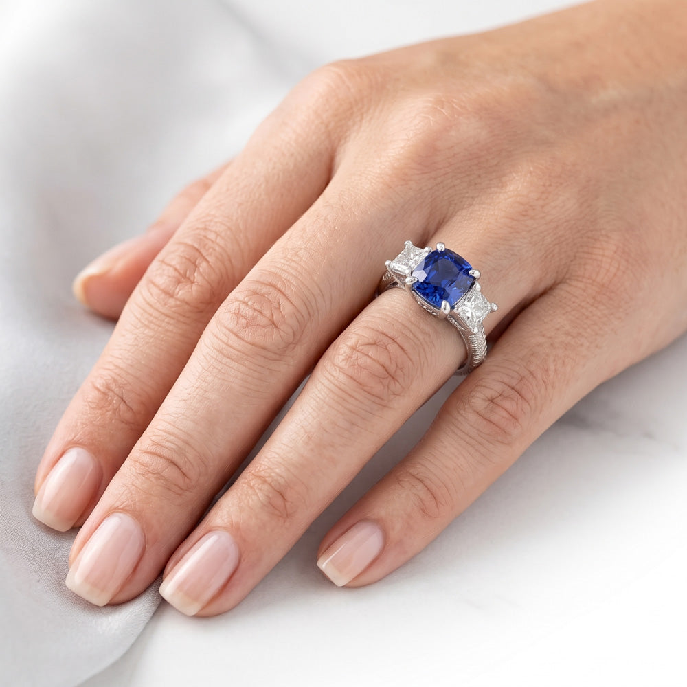 Cushion Gemstone Blue Sapphire Ring Princess Natural Earth Mined Diamond ( Not Lab Grown )s 2.50 Carats