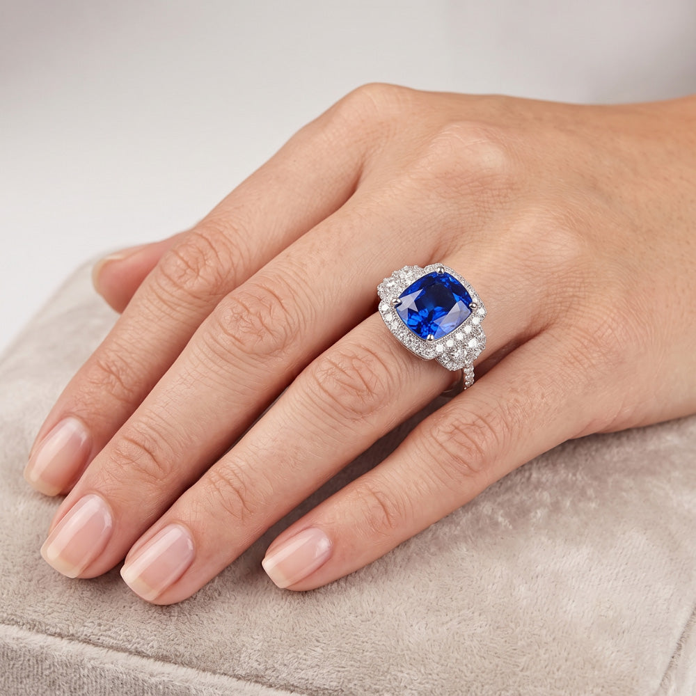 Cushion Halo Blue Sapphire Ring White Gold 14K Natural Earth Mined Diamond ( Not Lab Grown )s 5 Carats