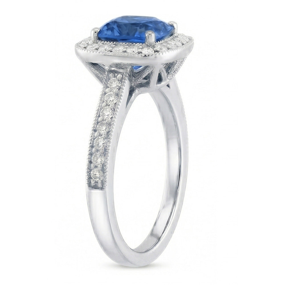 Cushion Sri Lanka Blue Sapphire Natural Earth Mined Diamond ( Not Lab Grown )s 3.40 Ct Ring White Gold 14K