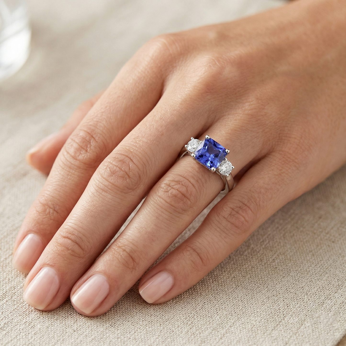 Cushion Ceylon Sapphire Natural Earth Mined Diamond ( Not Lab Grown ) 3 Stone Ring 3.25 Carats