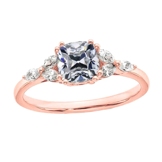 Cushion Old Cut Real Diamond Gold Ring With Marquise Accents 4.50 Carats