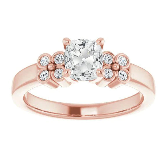 Cushion Old Mine Cut Natural Diamond Wedding Ring Flower Style 4 Carats