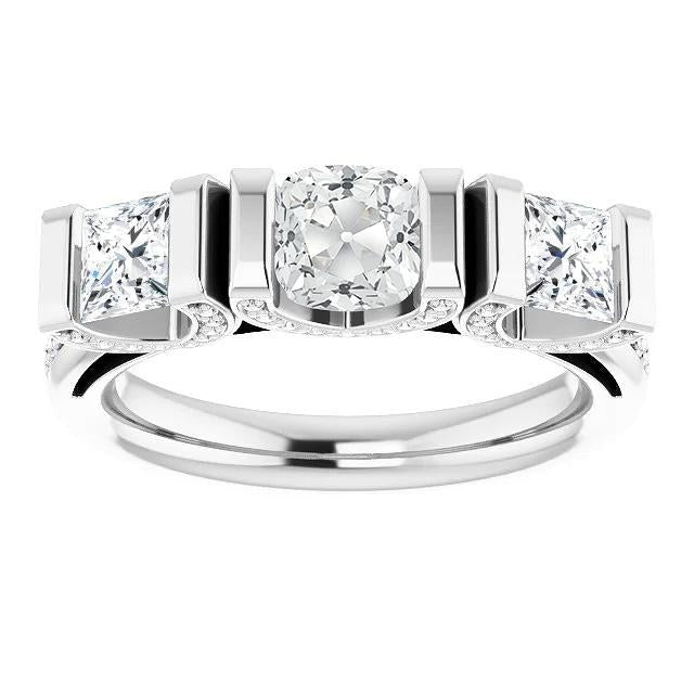 Cushion Old Miner Real Diamond Ring 3 Stone Style Bar Set 9 Carats Gold 14K