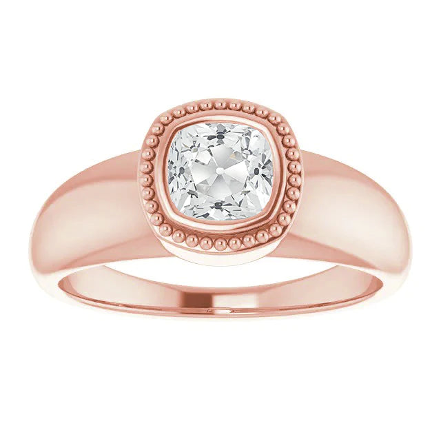 Cushion Old Miner Real Diamond Solitaire Ring Bezel Beaded Style 2 Carats
