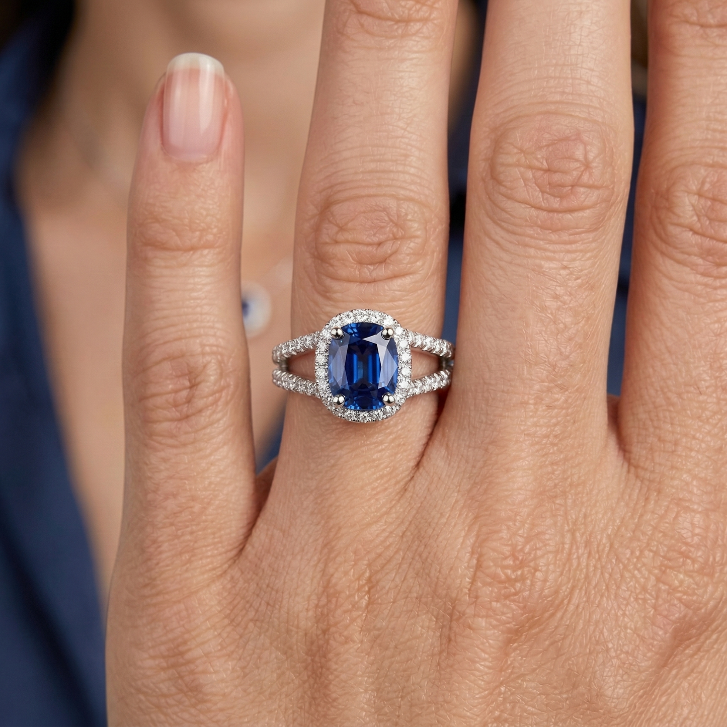 Cushion Sri Lanka Sapphire Round Halo Natural Earth Mined Diamond ( Not Lab Grown ) s Ring 4.75 Ct