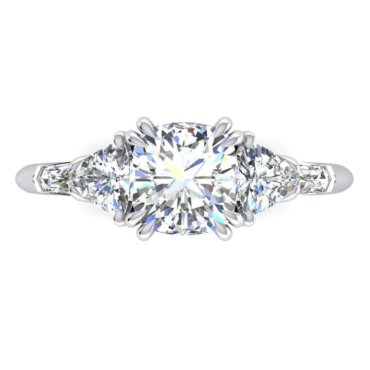 Cushion Genuine Diamond Engagement Ring 3 Carats Trillion Cut White Gold 14K
