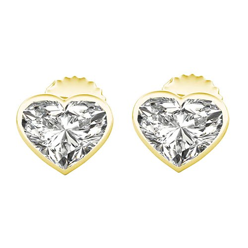 Real Diamond Heart Stud Earrings Bezel Set Yellow Gold