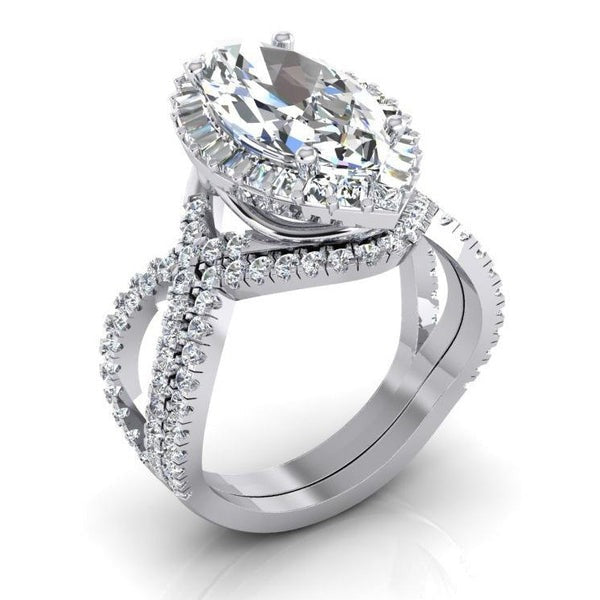 Diamond Ring 7 Carats Marquise Split Shank Halo White Gold Jewelry