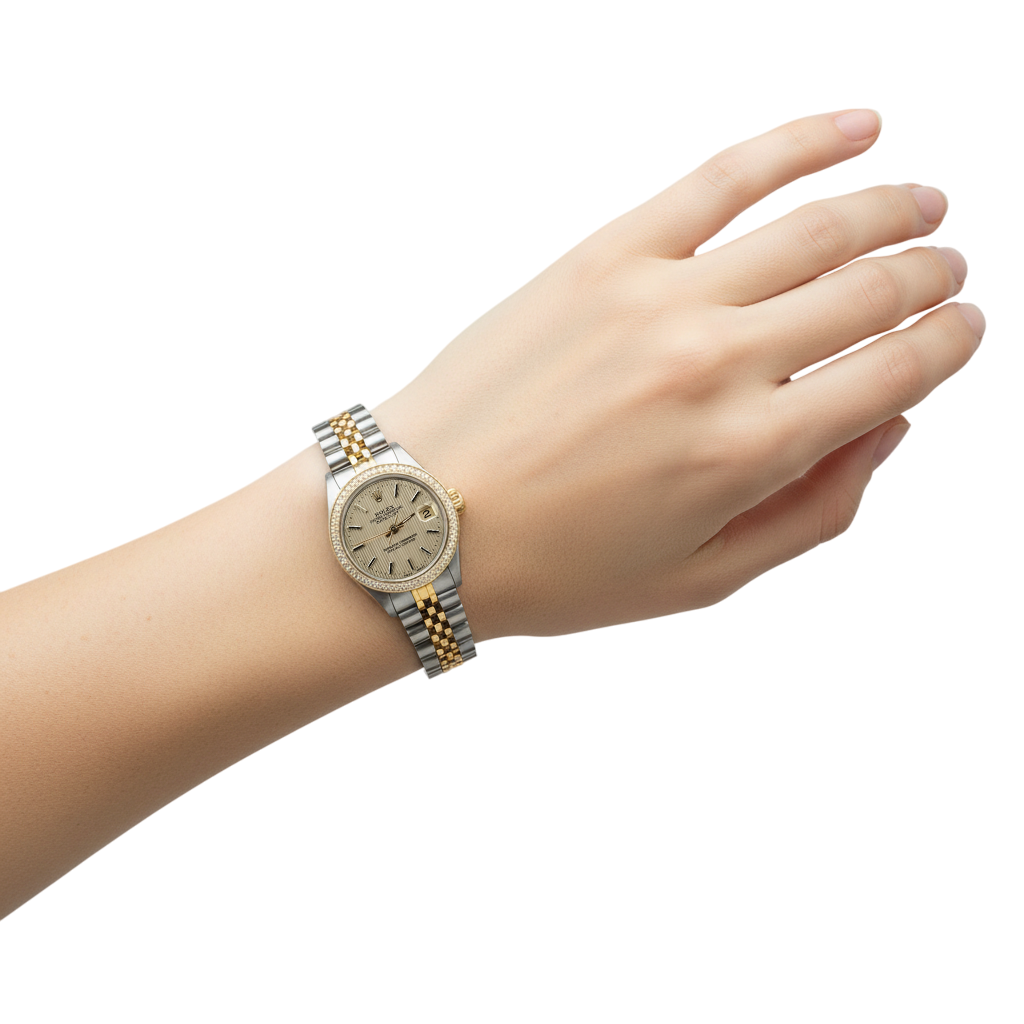 Diamond Bezel Date Just Rolex Lady Watch Tapestry Ss & Gold Jubilee P2